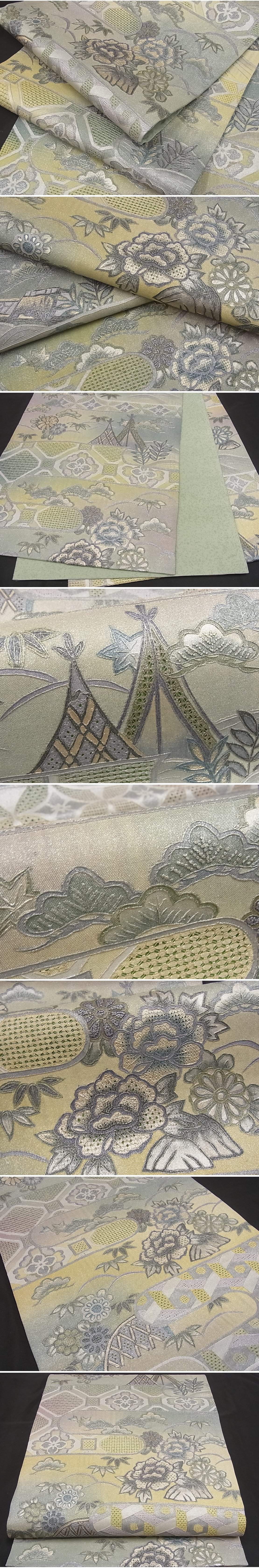 汕頭刺繍 スワトウ 相良刺繍 花鳥の図 錆納戸色 多色 金 袋帯 A776
