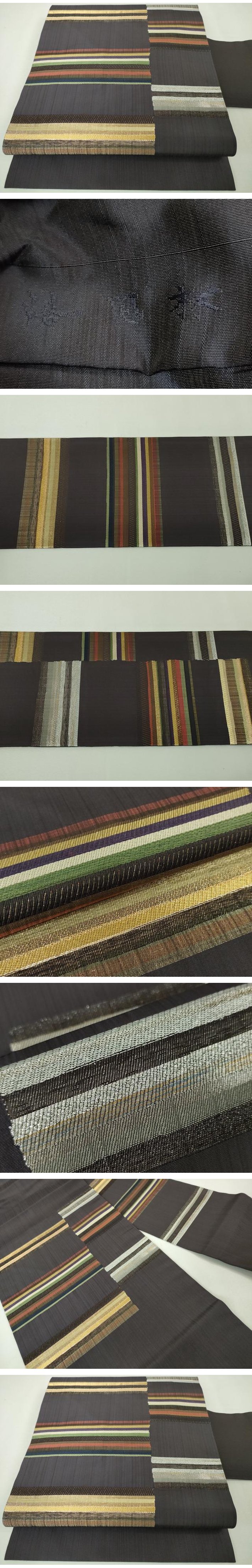 平和屋本店□極上 洛風林 工芸帯地 九寸名古屋帯 横段文 褐色地 金銀糸