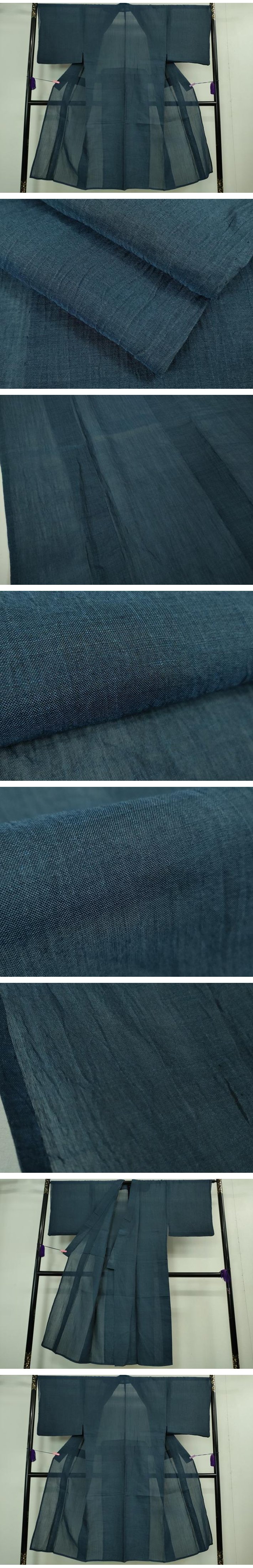 平和屋着物■極上　夏物　男性　本場小千谷ちぢみ　麻　色無地　紺色　逸品　DZAA9390kh5 平和屋着物□極上 夏物 男性 本場小千谷ちぢみ 麻 色無地 紺色 逸品